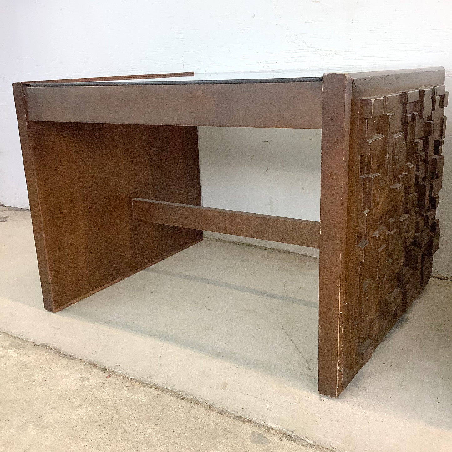 Pair Brutalist Modern Glass Top End Tables