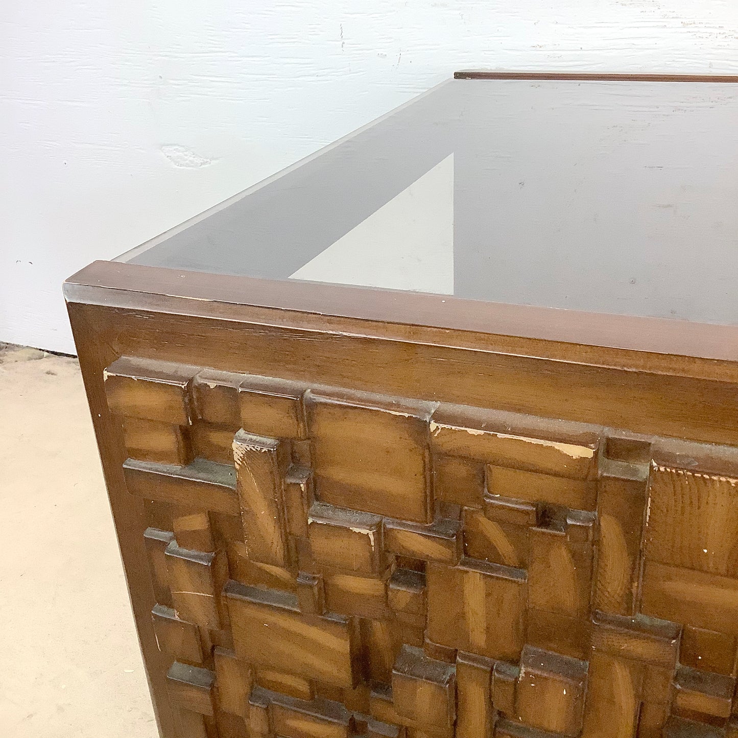 Pair Brutalist Modern Glass Top End Tables