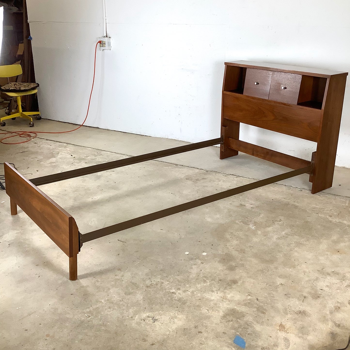 Mid-Century Walnut Twin Bed Frame with Storage Headboard