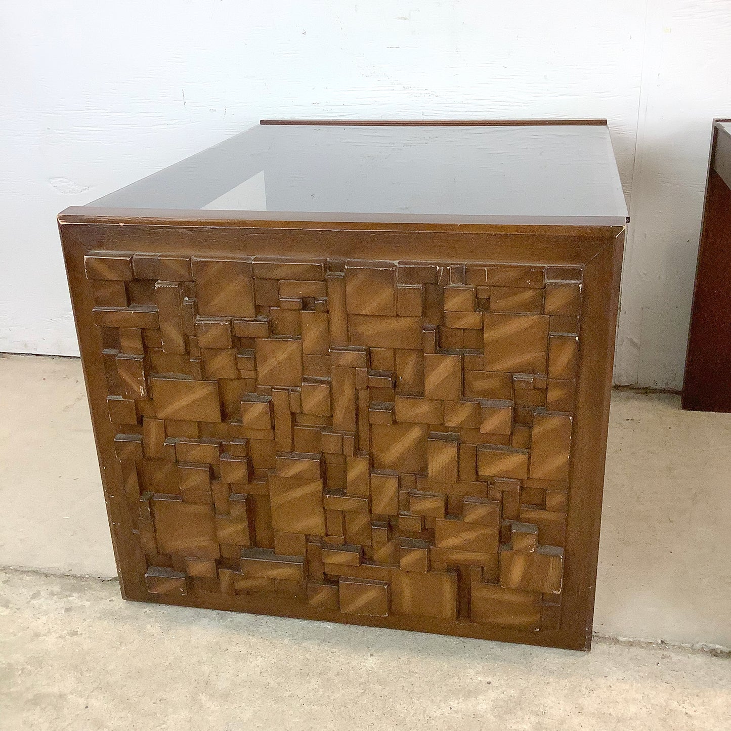 Pair Brutalist Modern Glass Top End Tables