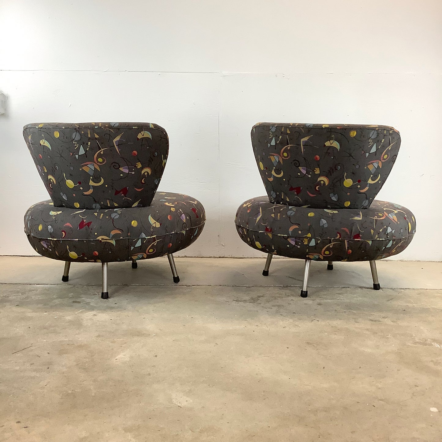 Pair Modern Swivel Disc Chairs With Ottoman
