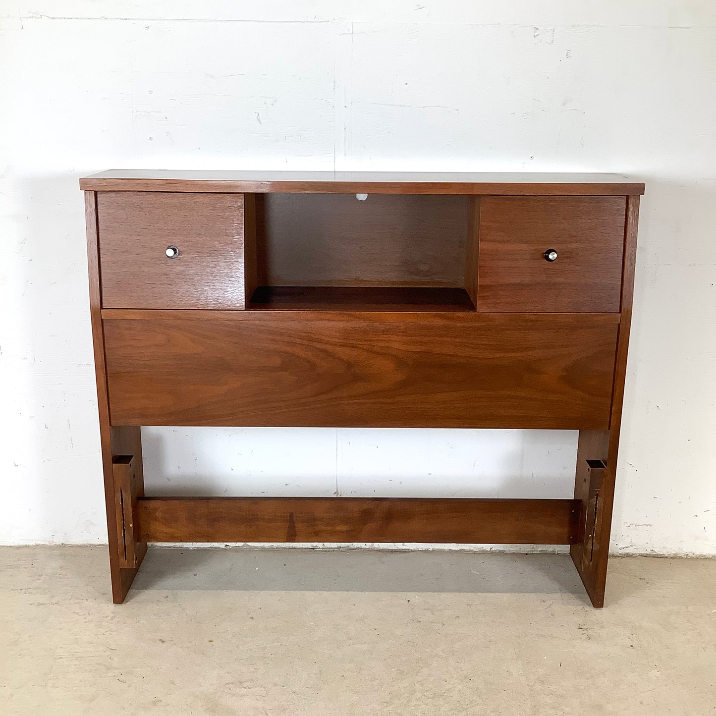 Mid-Century Walnut Twin Bed Frame with Storage Headboard