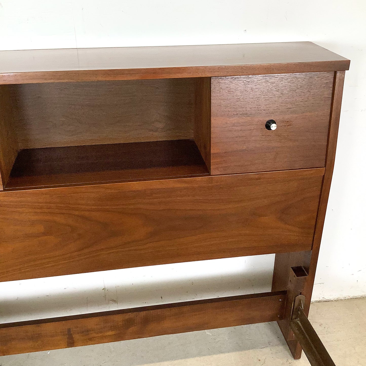 Mid-Century Walnut Twin Bed Frame with Storage Headboard