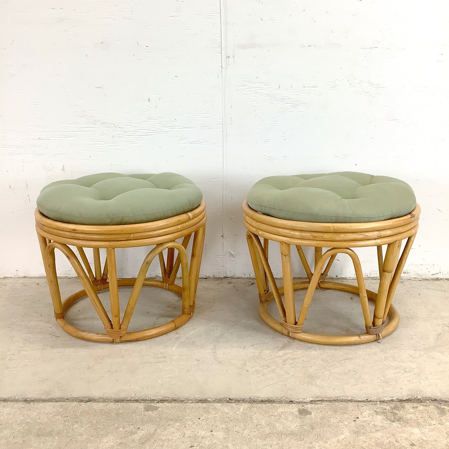 Pair Vintage Boho Rattan Footstools