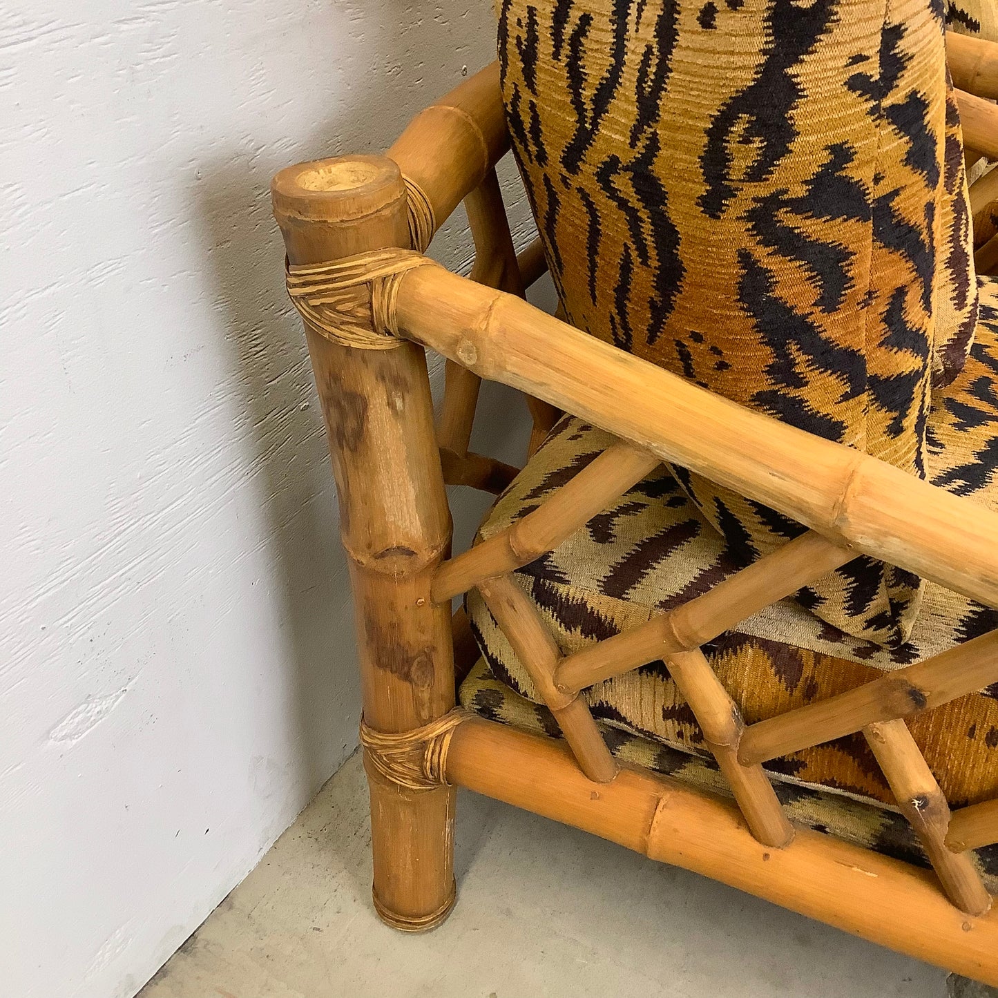 Vintage Bamboo Armchairs & Ottoman in Tiger Print