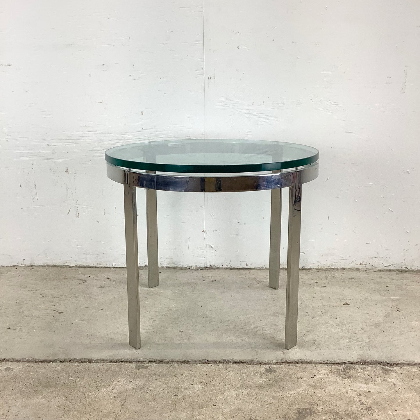 Vintage Circular Glass Top End Table with Polished Chrome Base