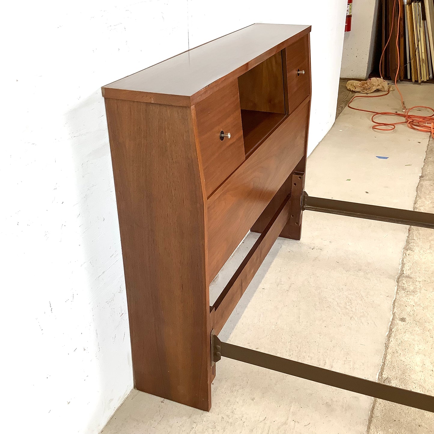 Mid-Century Walnut Twin Bed Frame with Storage Headboard
