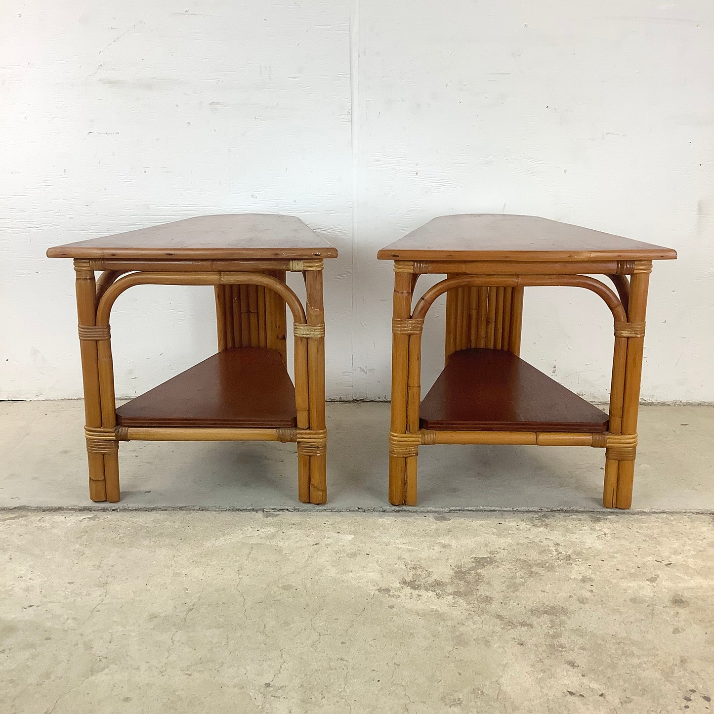Pair Paul Frankl Style Rattan Wedge End Tables