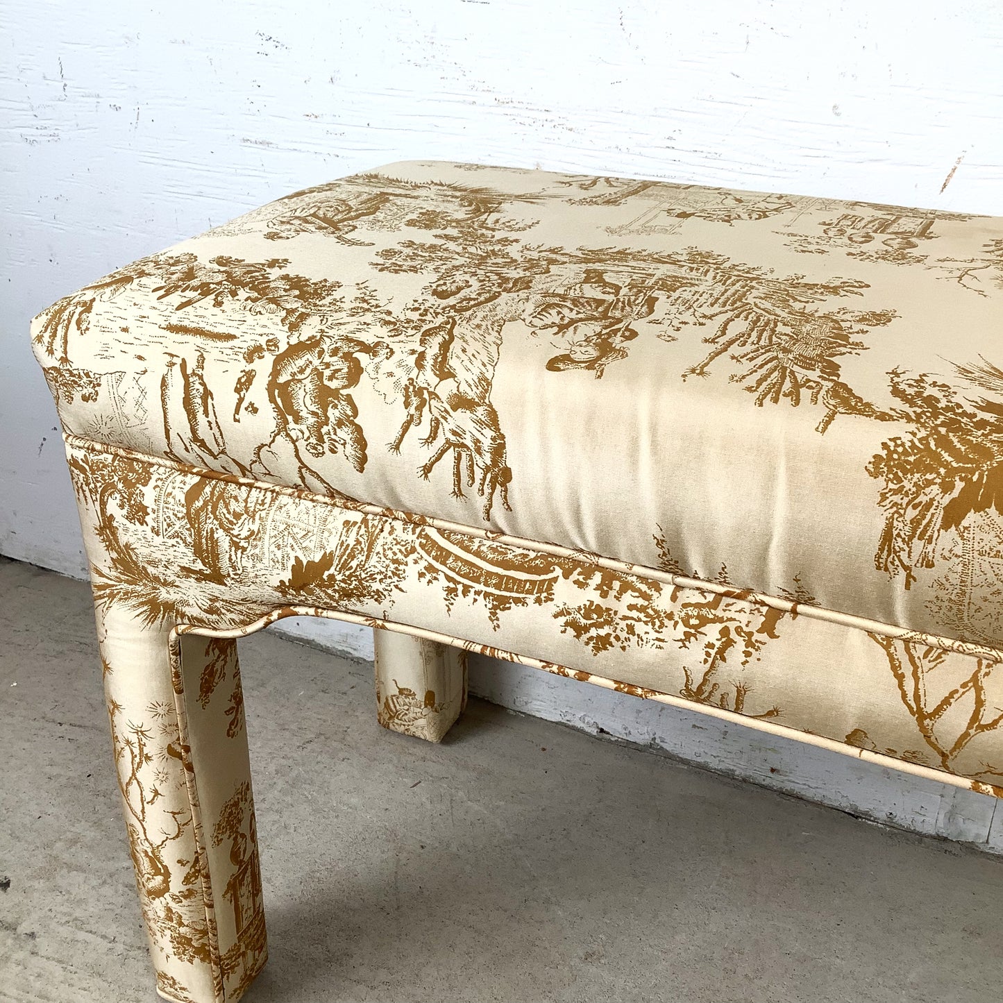 Louis XVI Style Upholstered Foot-of-Bed Bench with French Toile