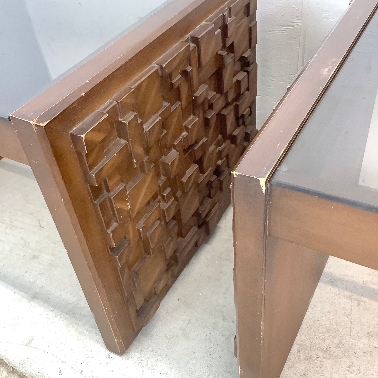 Pair Brutalist Modern Glass Top End Tables
