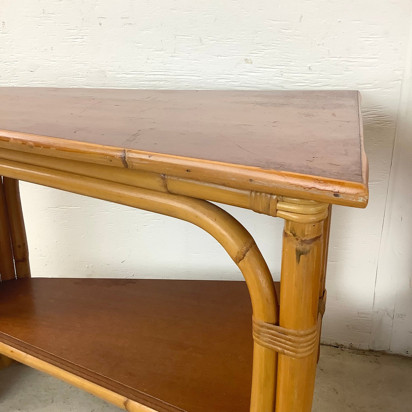 Pair Paul Frankl Style Rattan Wedge End Tables