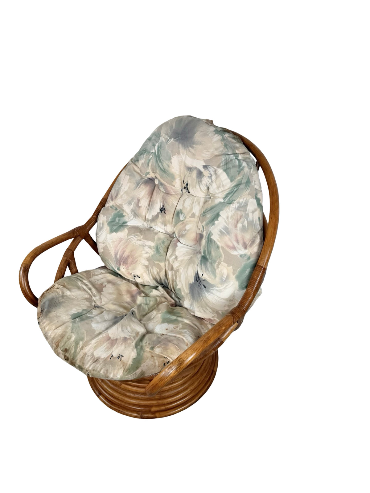 Vintage Rattan Swivel Rocker Lounge Chair with Floral Cushions