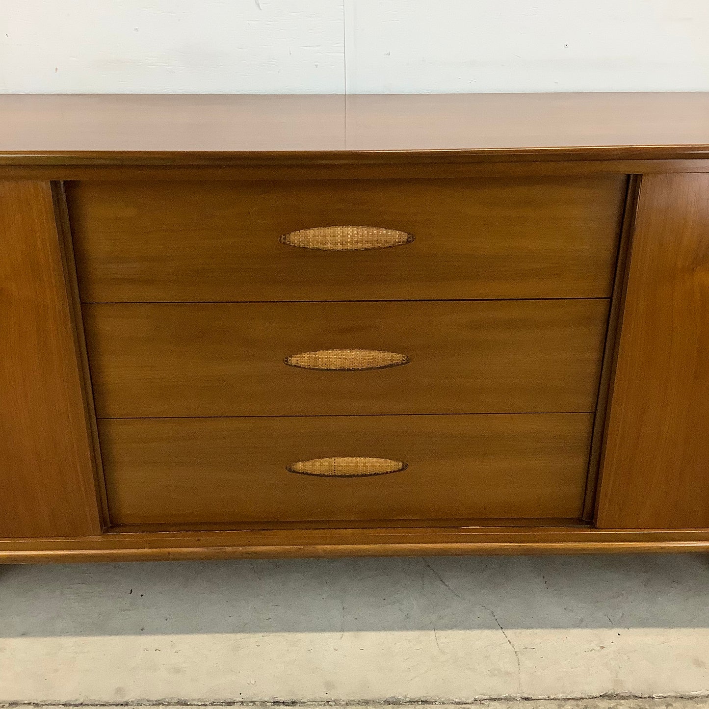 Large Mid-Century Walnut and Cane Dresser by Cavalier Furniture