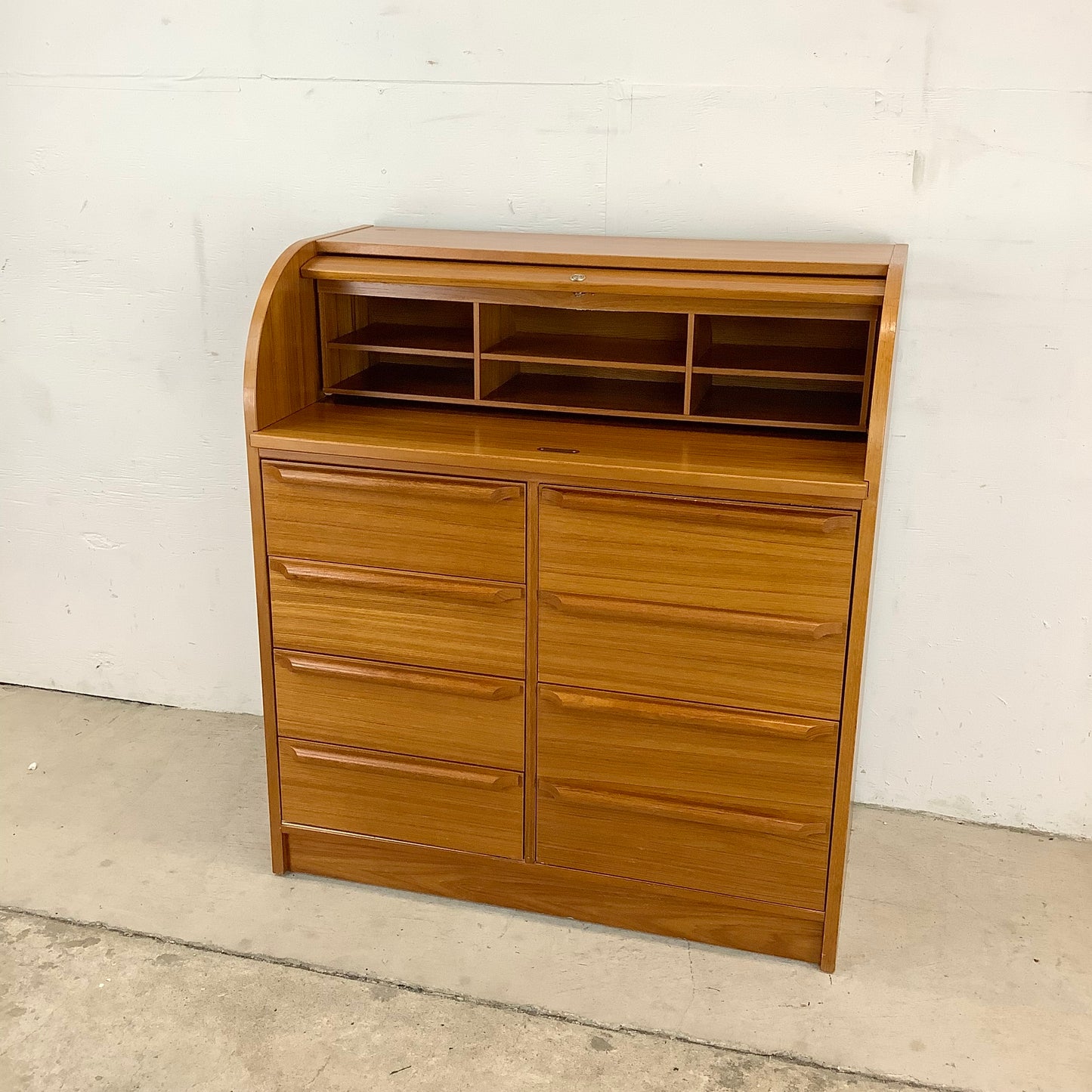 Vintage Teak Rolltop Secretary Desk- Danish Modern Style
