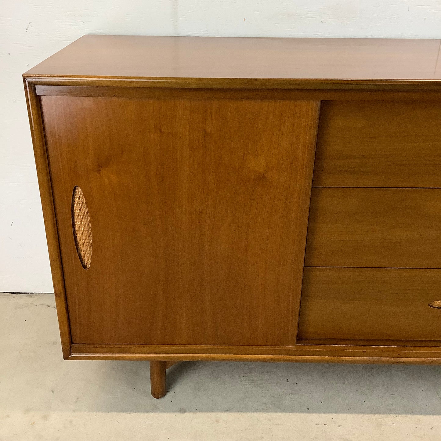 Large Mid-Century Walnut and Cane Dresser by Cavalier Furniture