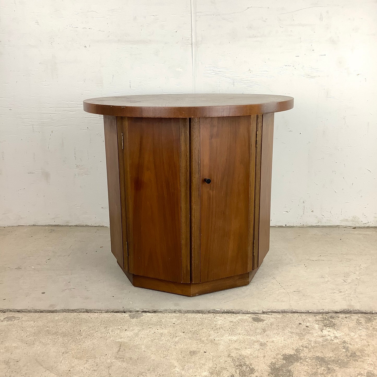 Vintage Mid-Century Circular End Table Cabinet- Walnut Finish