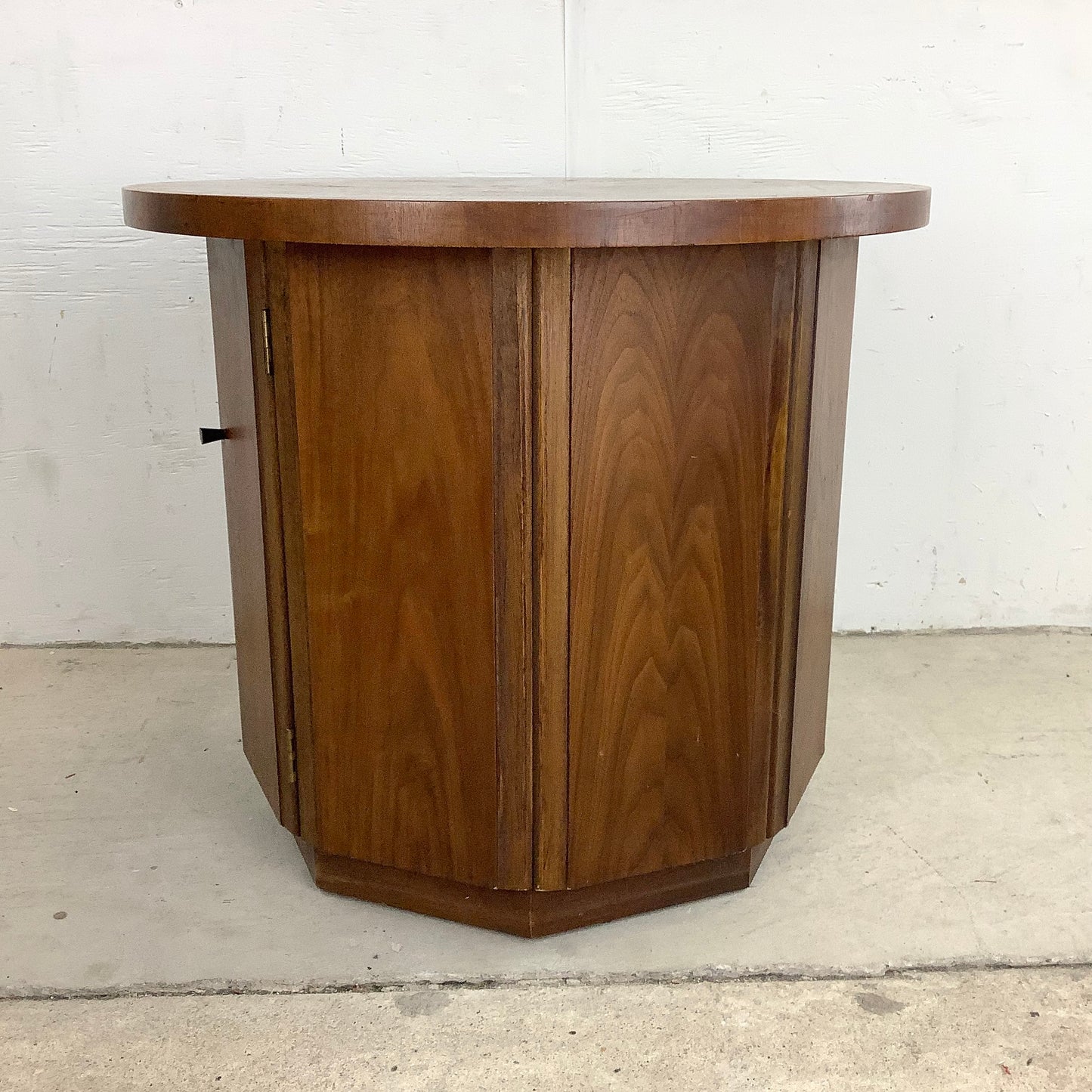 Vintage Mid-Century Circular End Table Cabinet- Walnut Finish