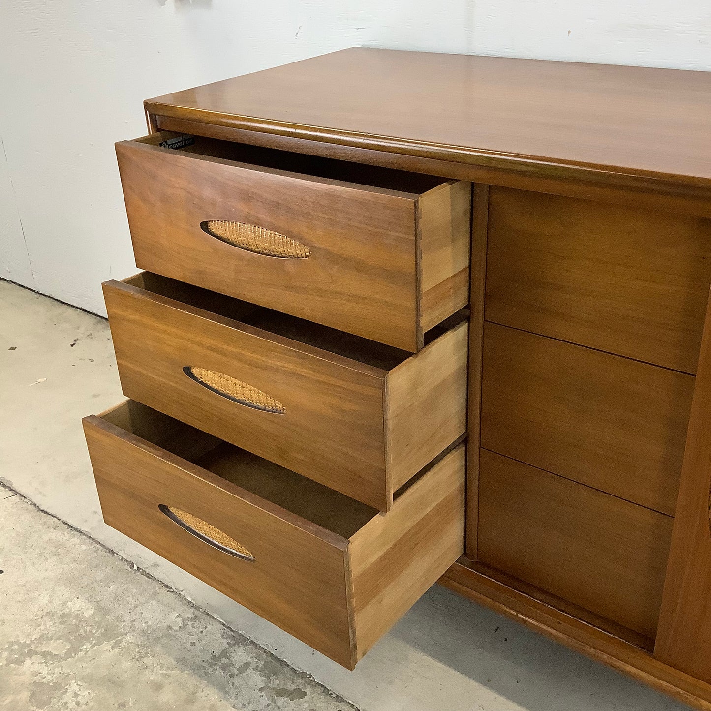Large Mid-Century Walnut and Cane Dresser by Cavalier Furniture