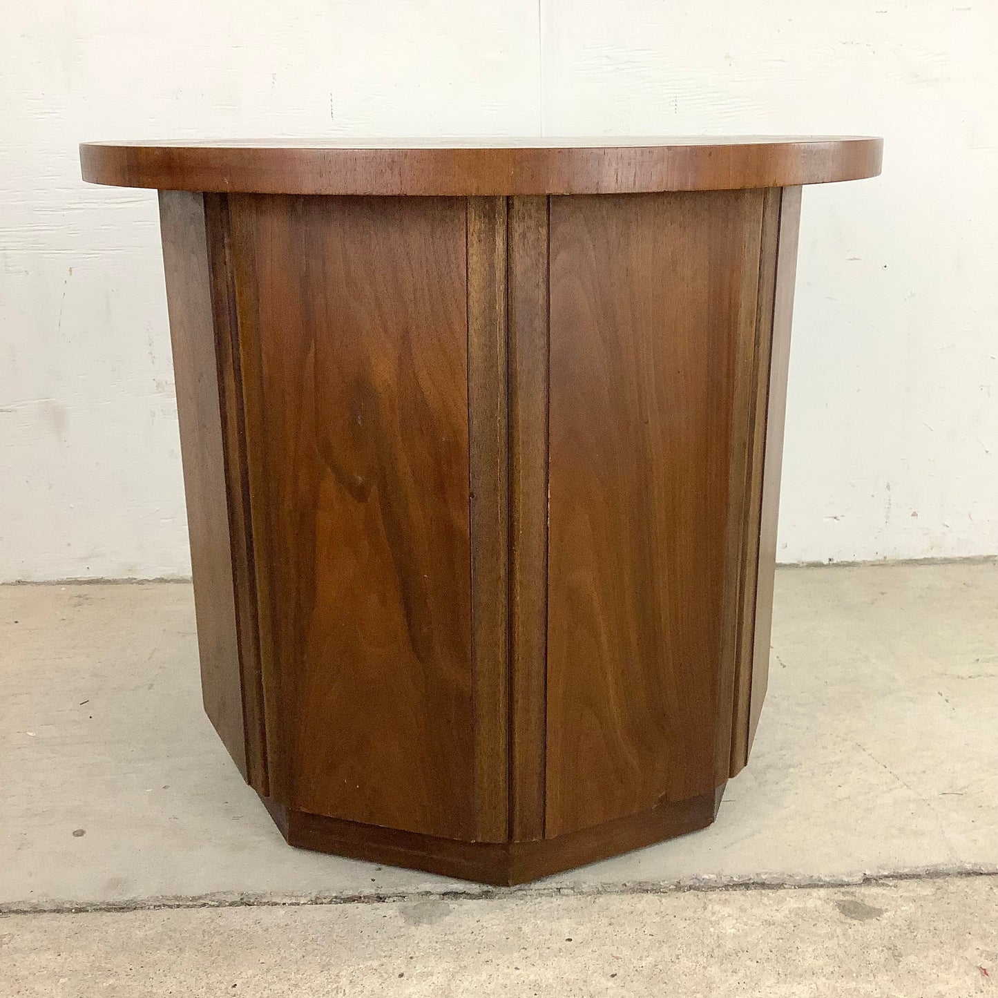 Vintage Mid-Century Circular End Table Cabinet- Walnut Finish