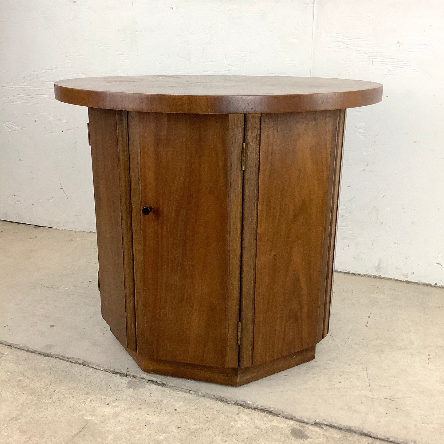 Vintage Mid-Century Circular End Table Cabinet- Walnut Finish