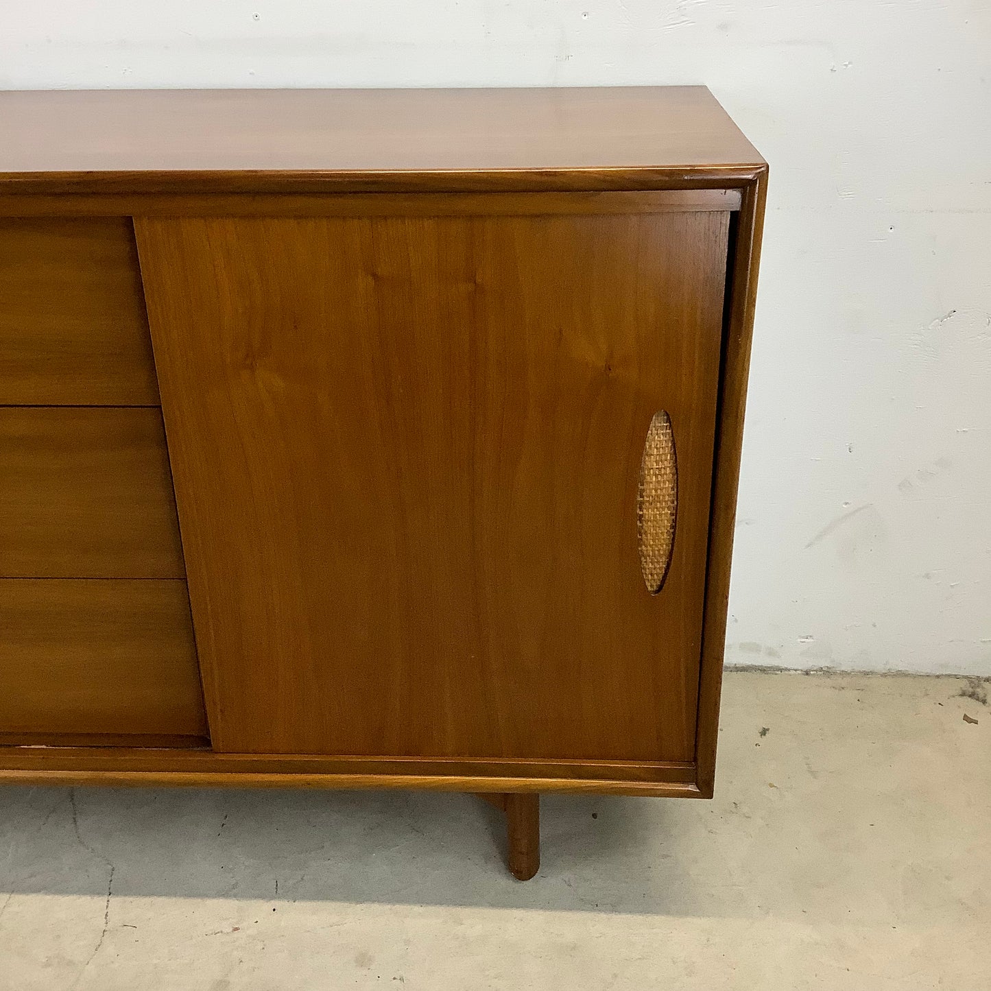 Large Mid-Century Walnut and Cane Dresser by Cavalier Furniture