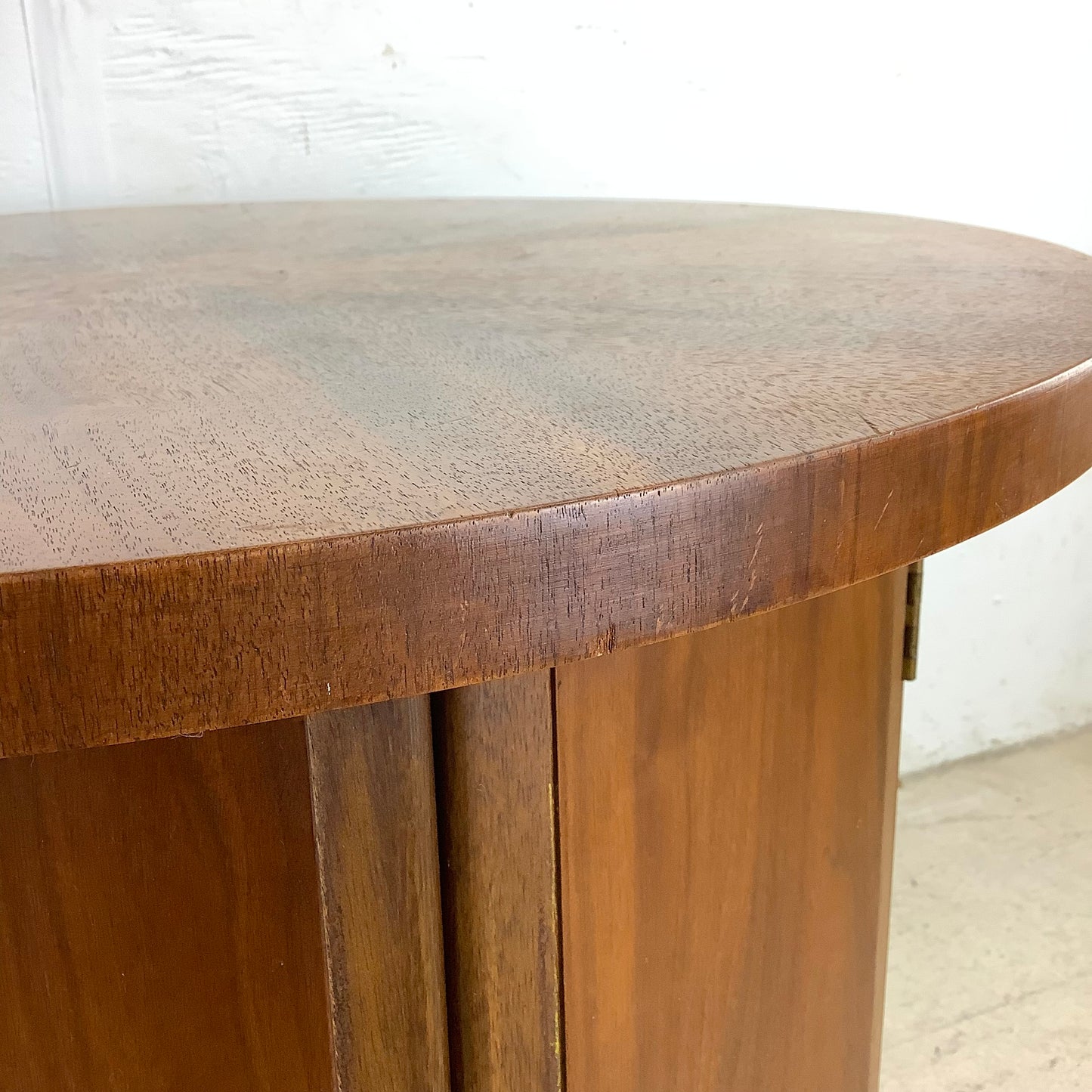 Vintage Mid-Century Circular End Table Cabinet- Walnut Finish