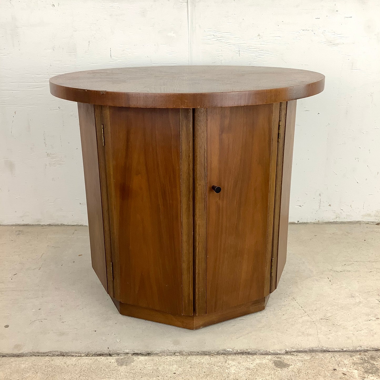 Vintage Mid-Century Circular End Table Cabinet- Walnut Finish
