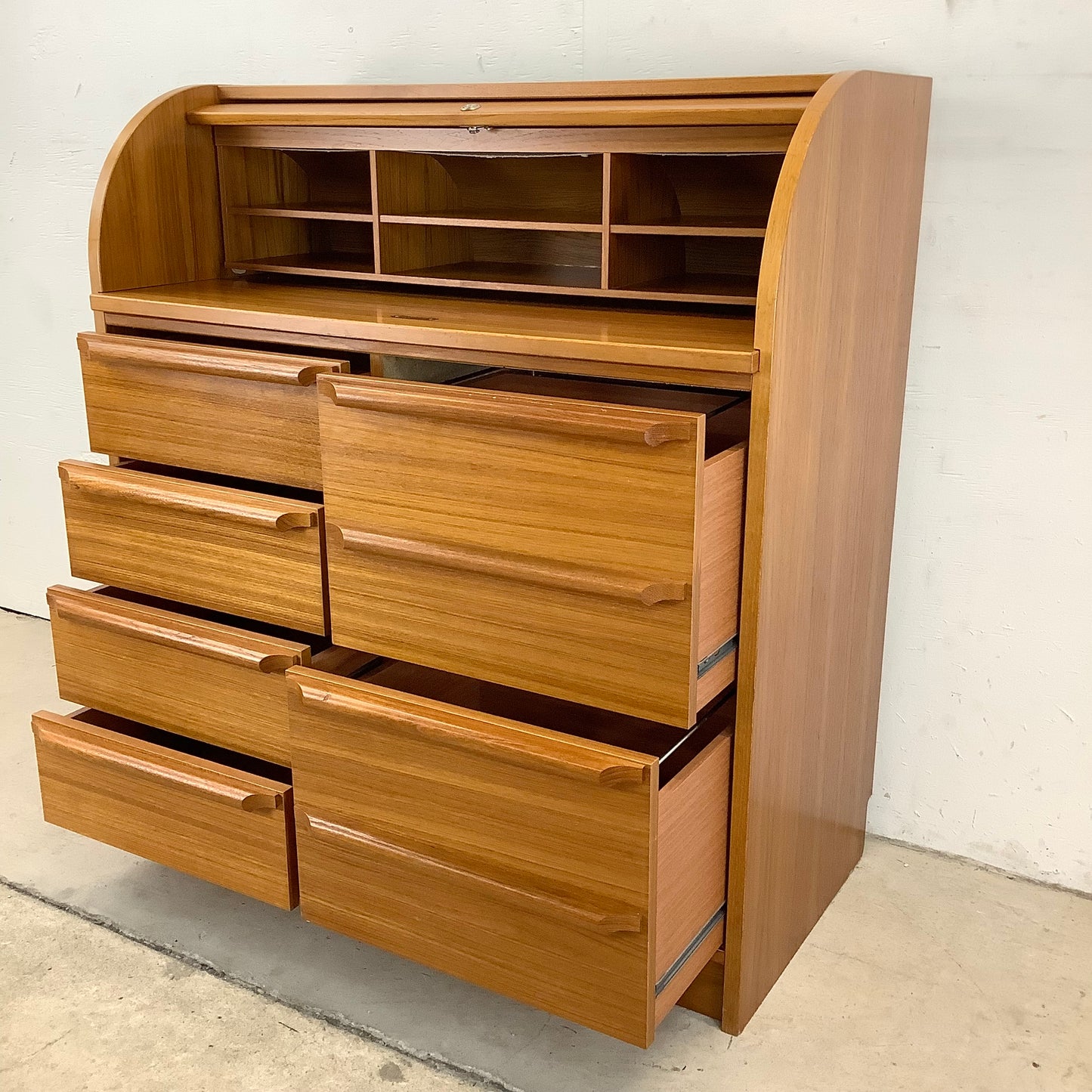 Vintage Teak Rolltop Secretary Desk- Danish Modern Style