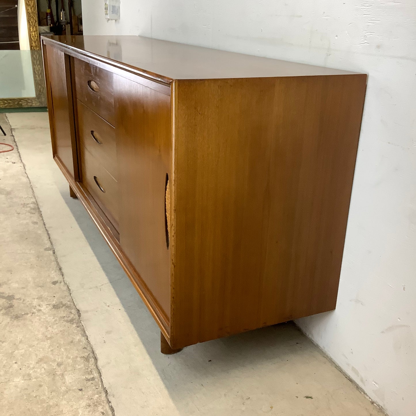 Large Mid-Century Walnut and Cane Dresser by Cavalier Furniture