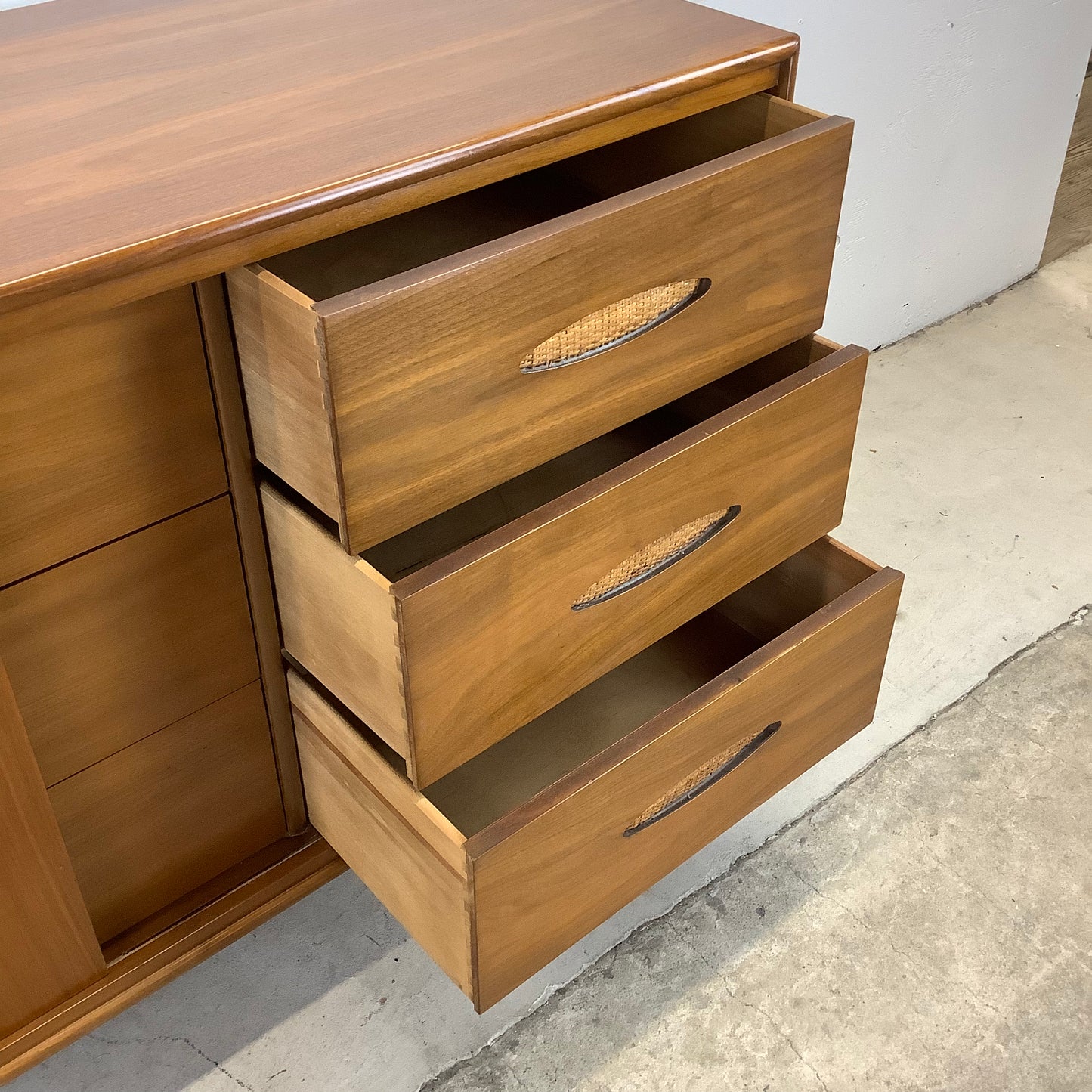 Large Mid-Century Walnut and Cane Dresser by Cavalier Furniture