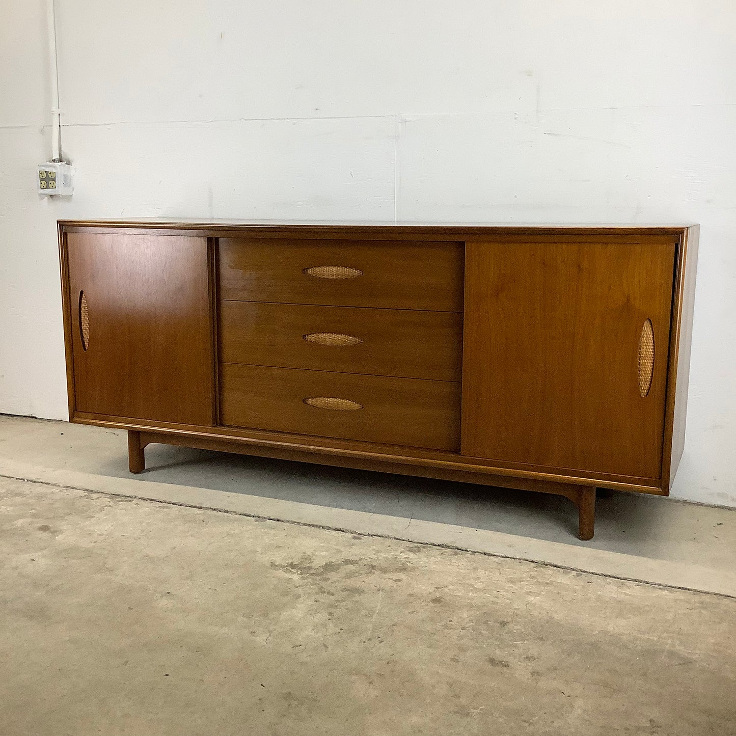 Large Mid-Century Walnut and Cane Dresser by Cavalier Furniture