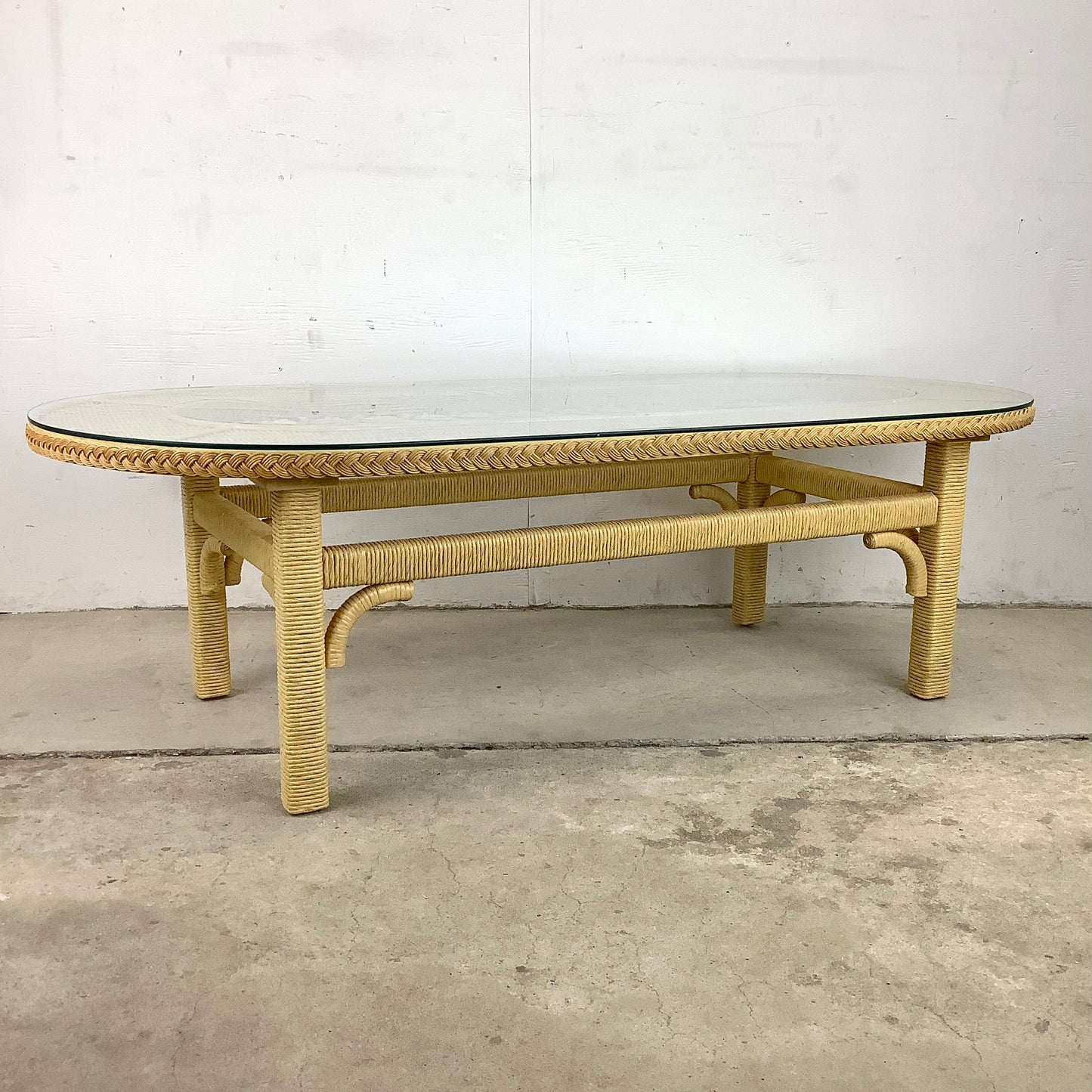 Rustic Style Oval Wicker Coffee Table With Glass Top- Henry Link Inspired