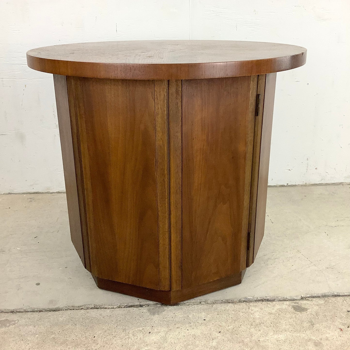 Vintage Mid-Century Circular End Table Cabinet- Walnut Finish