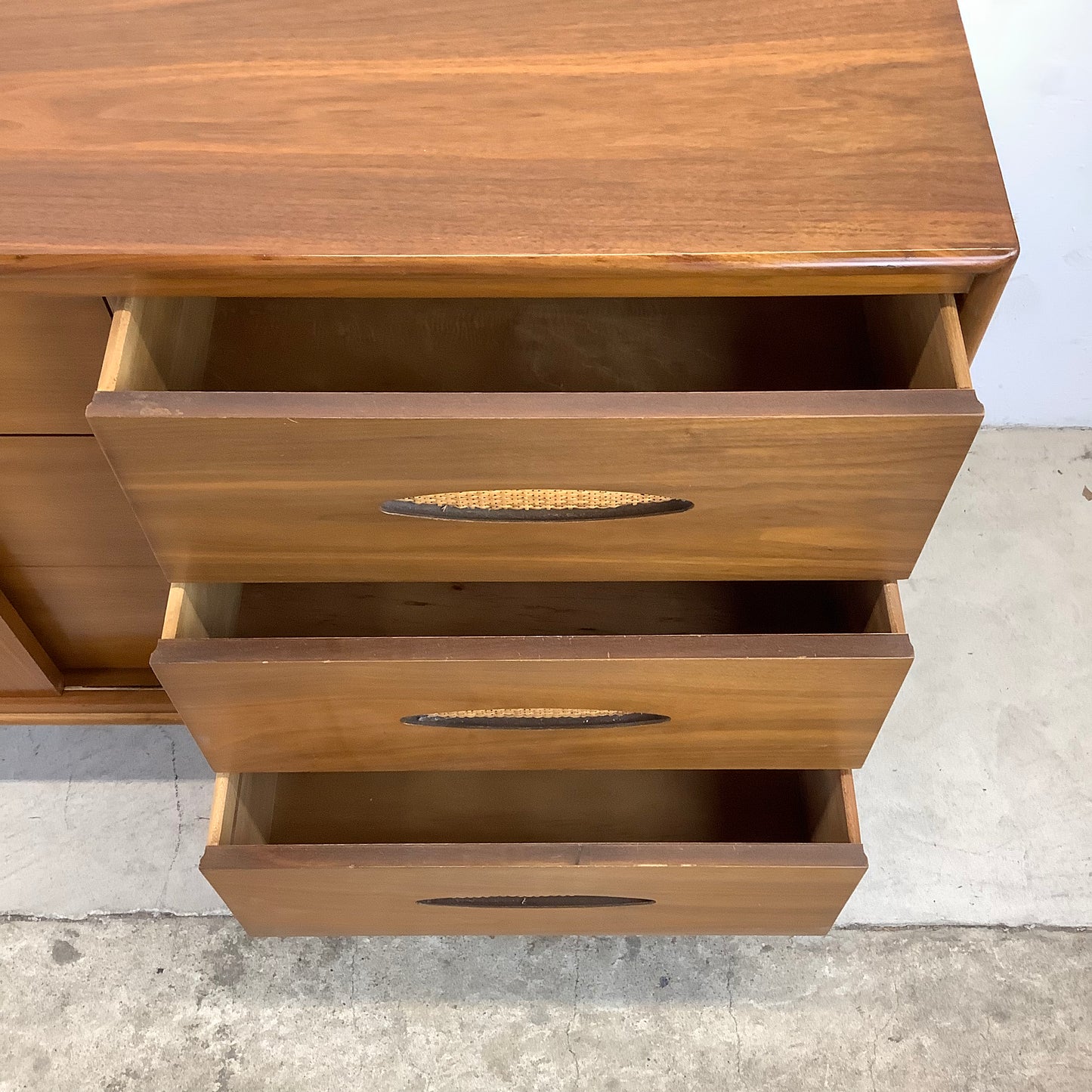 Large Mid-Century Walnut and Cane Dresser by Cavalier Furniture