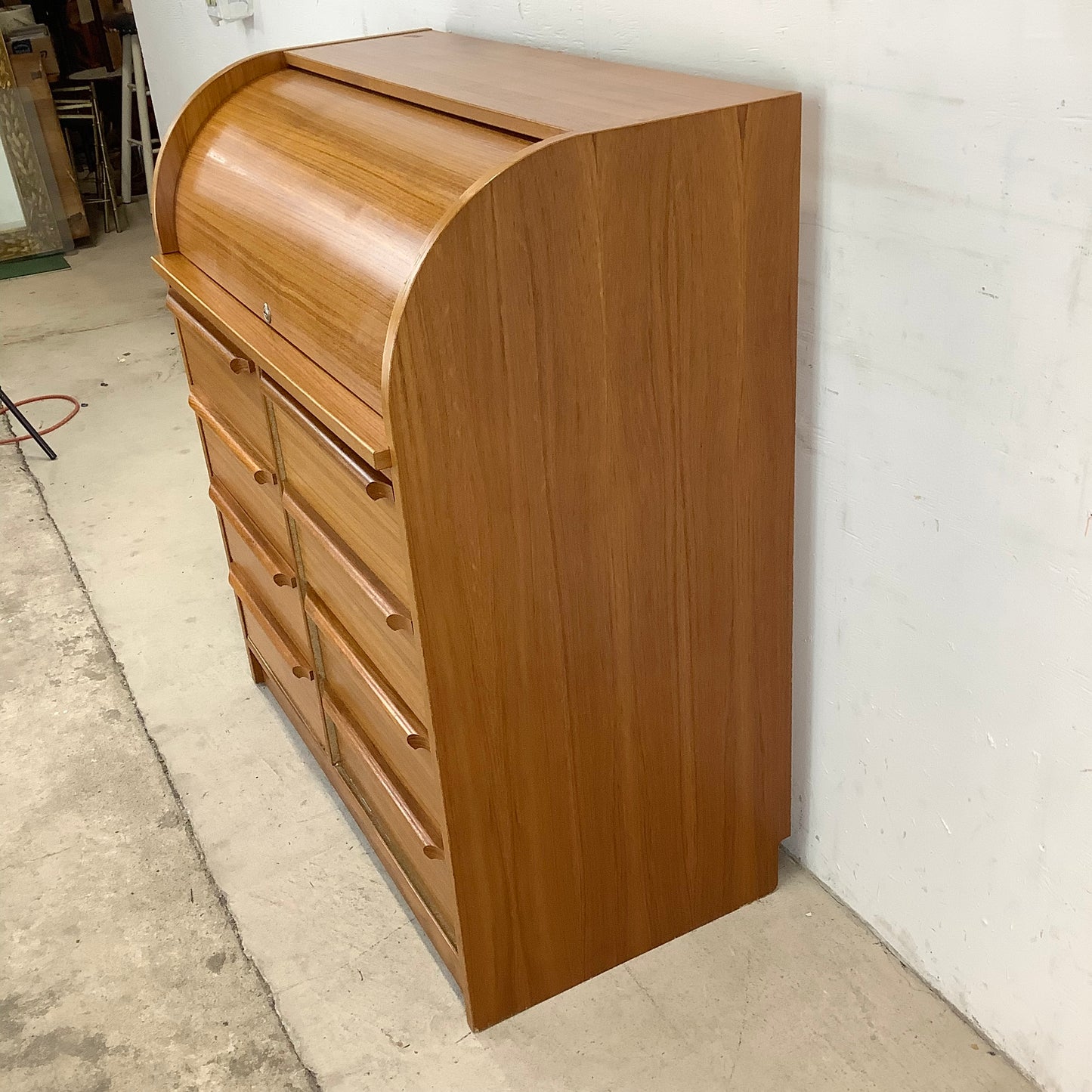 Vintage Teak Rolltop Secretary Desk- Danish Modern Style