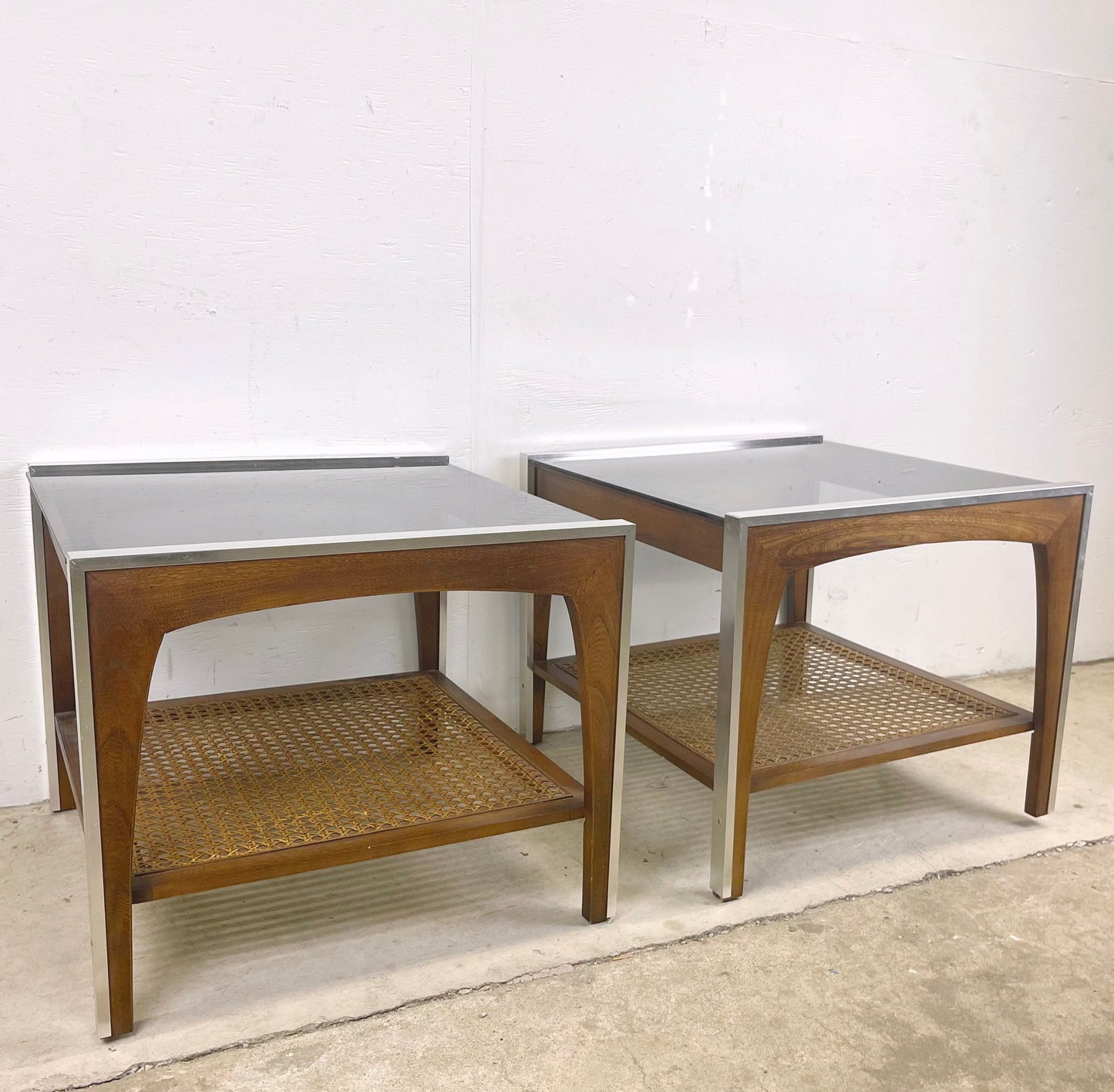 Mid-Century Lamp Tables With Smoked Glass and Cane Shelf