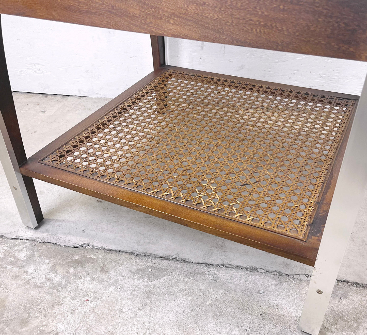 Mid-Century Lamp Tables With Smoked Glass and Cane Shelf