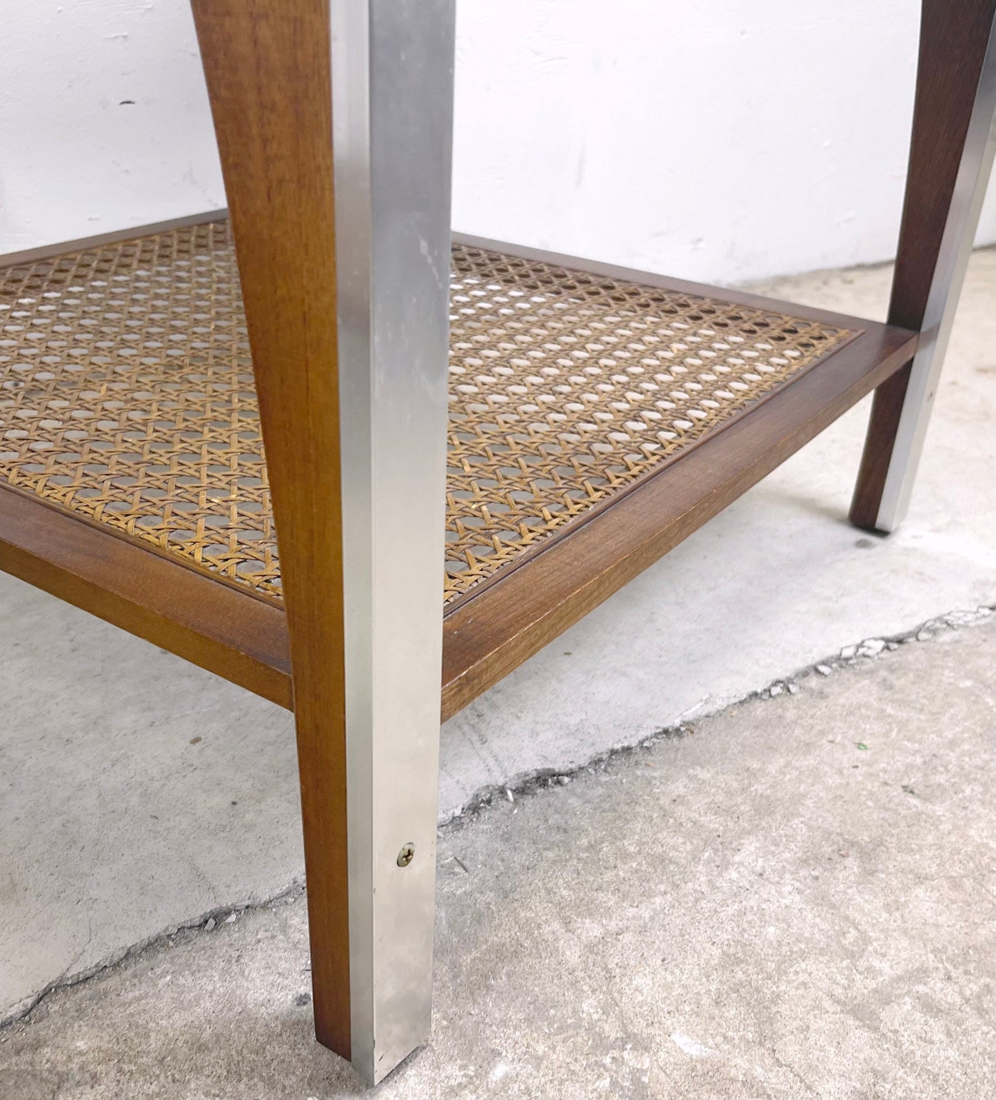 Mid-Century Lamp Tables With Smoked Glass and Cane Shelf