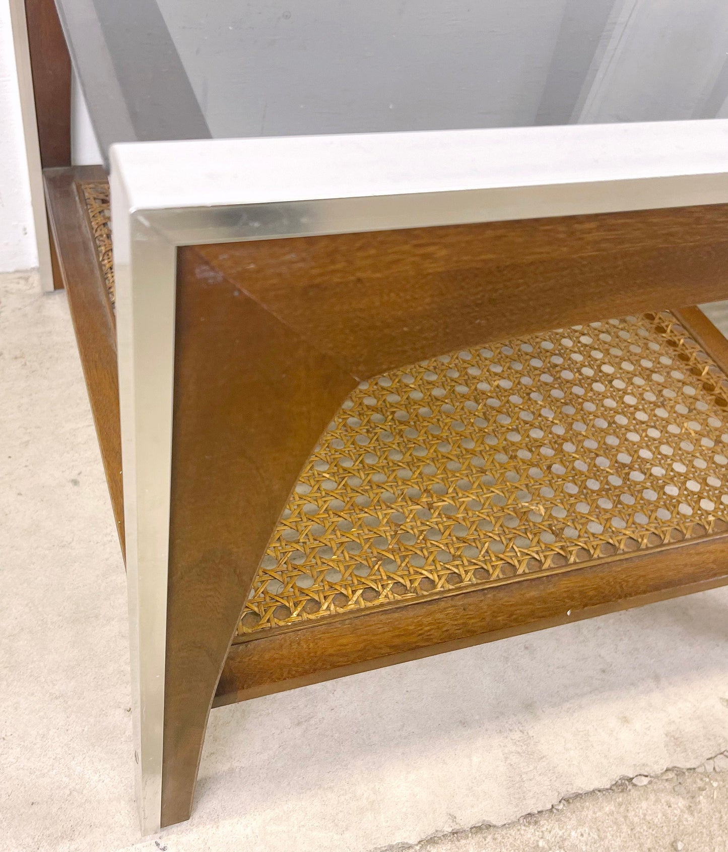 Mid-Century Lamp Tables With Smoked Glass and Cane Shelf