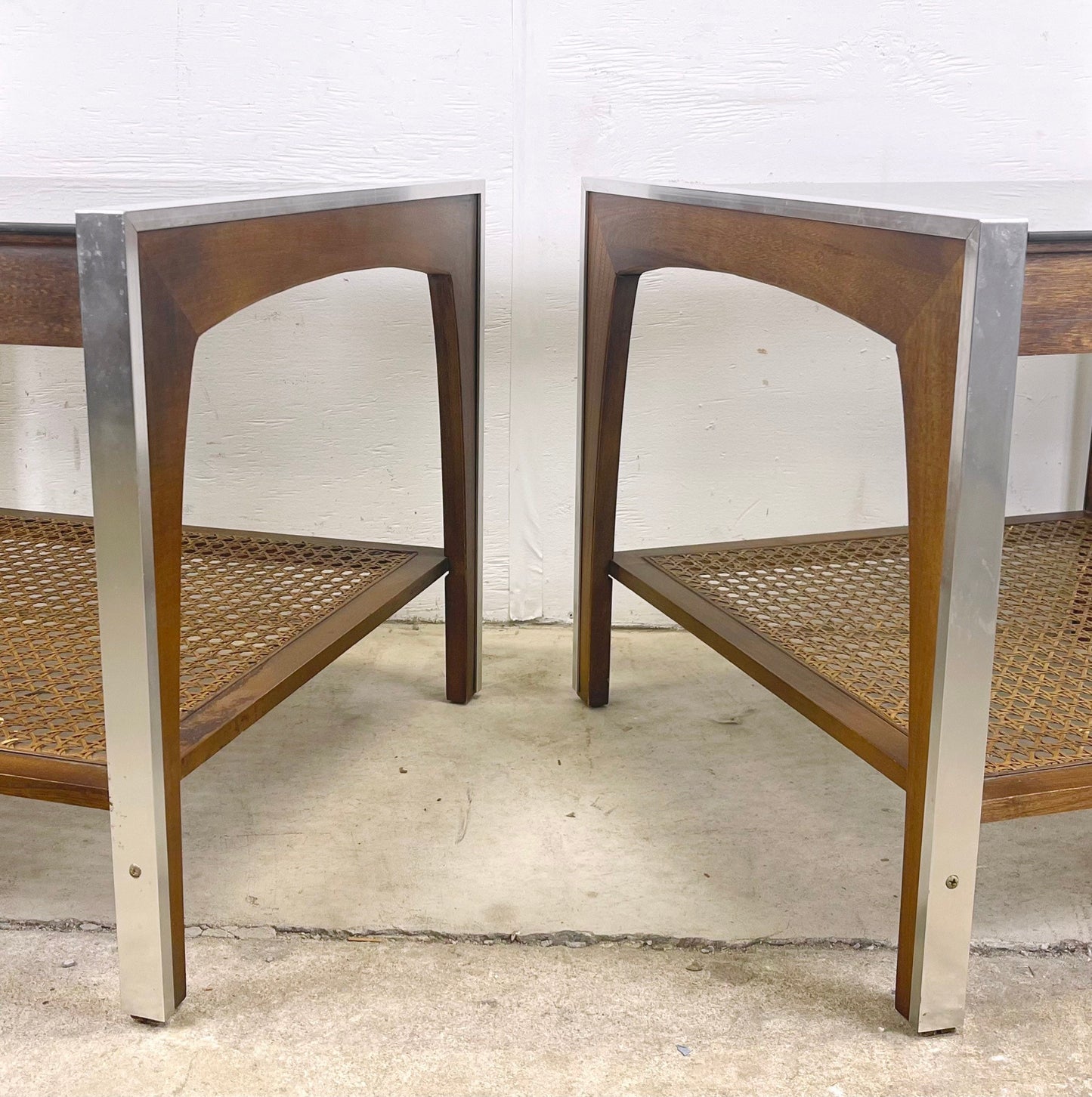 Mid-Century Lamp Tables With Smoked Glass and Cane Shelf