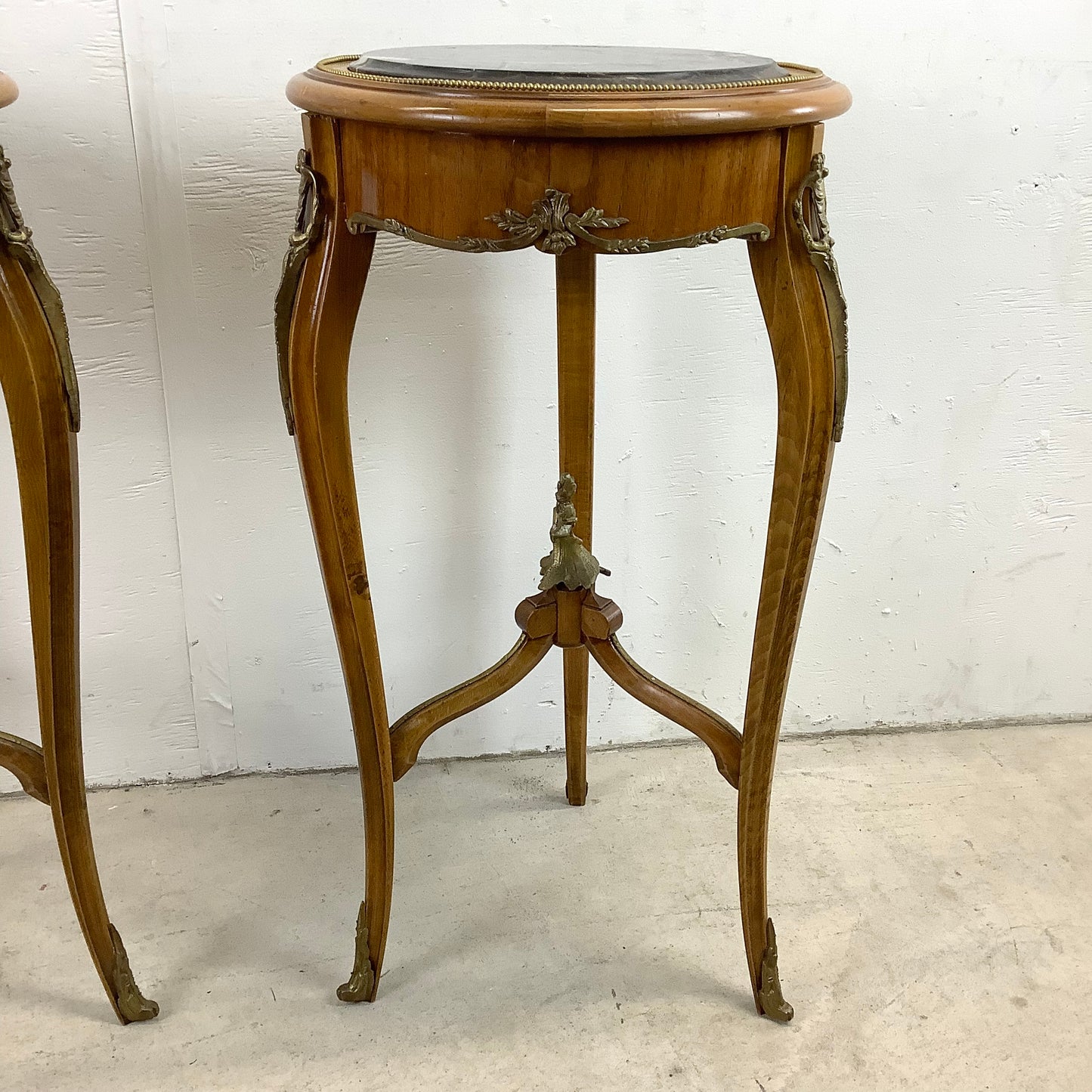 Pair of Vintage Louis XV Style Stone Top Side Tables with Ornate Detail