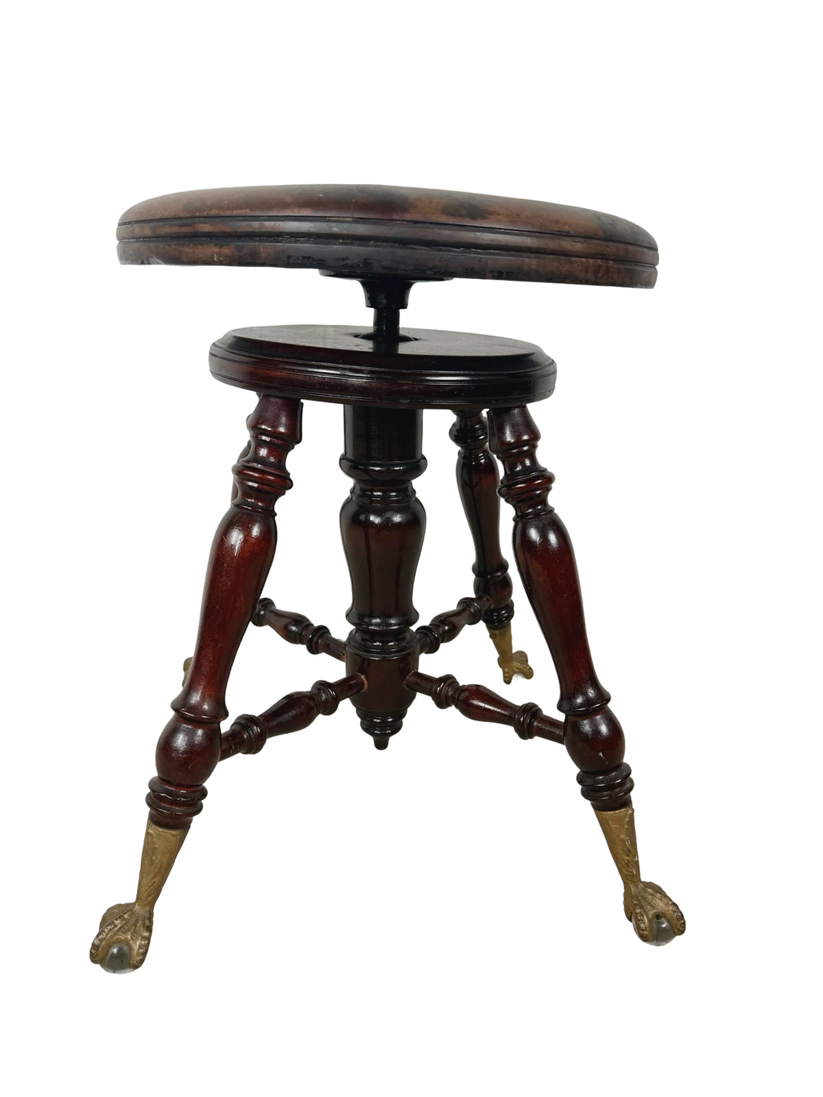 Antique Adjustable Piano Stool with Glass Ball-and-Claw Feet