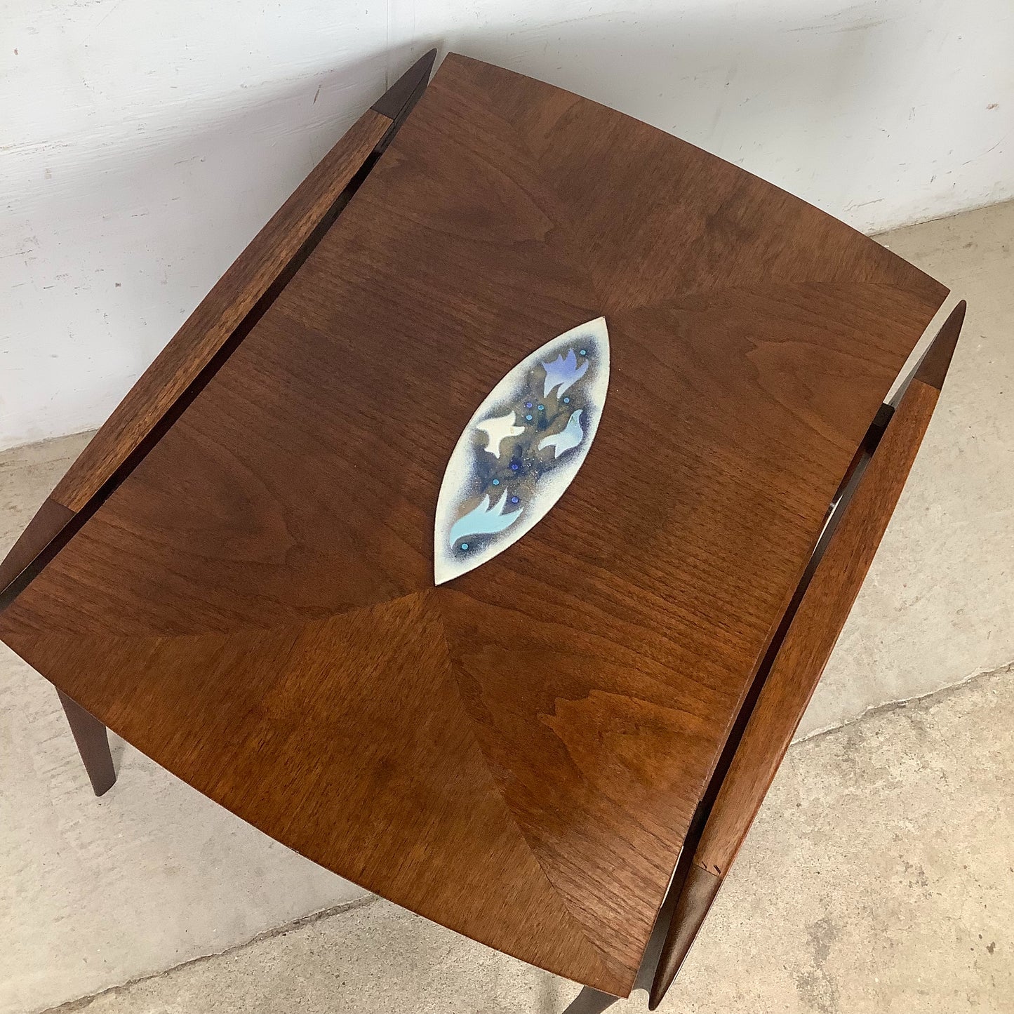 John Stuart Inc. Walnut Two-Tier End Table | Enamel Inlay | Splayed Legs | 1960s