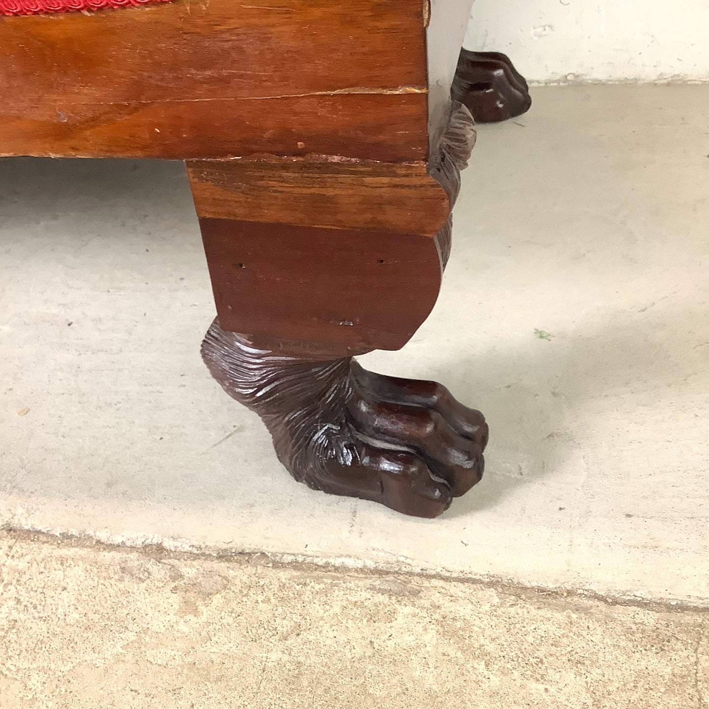 Antique American Empire Revival Mahogany Settee | Scroll Arms Sofa| Carved Paw Feet | Crimson Velvet