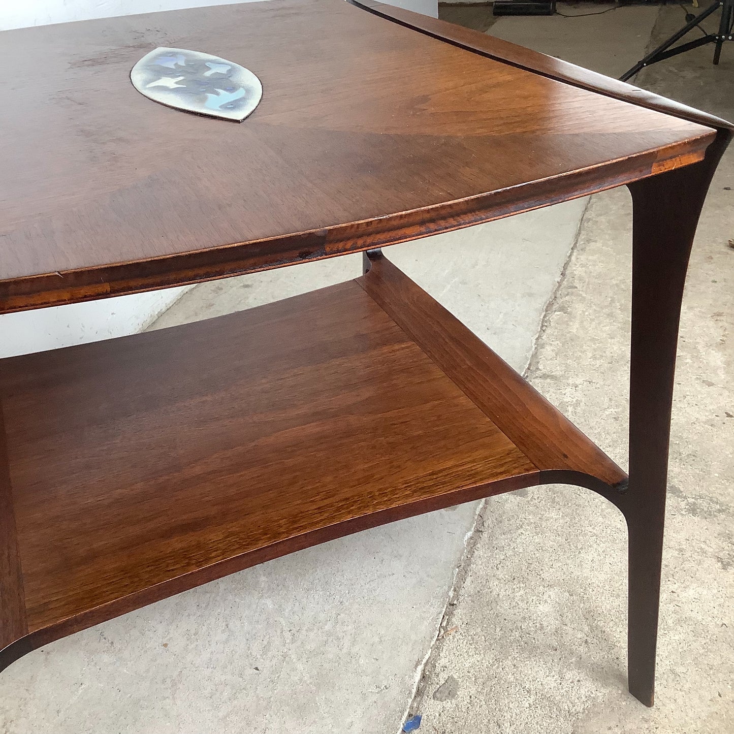 John Stuart Inc. Walnut Two-Tier End Table | Enamel Inlay | Splayed Legs | 1960s