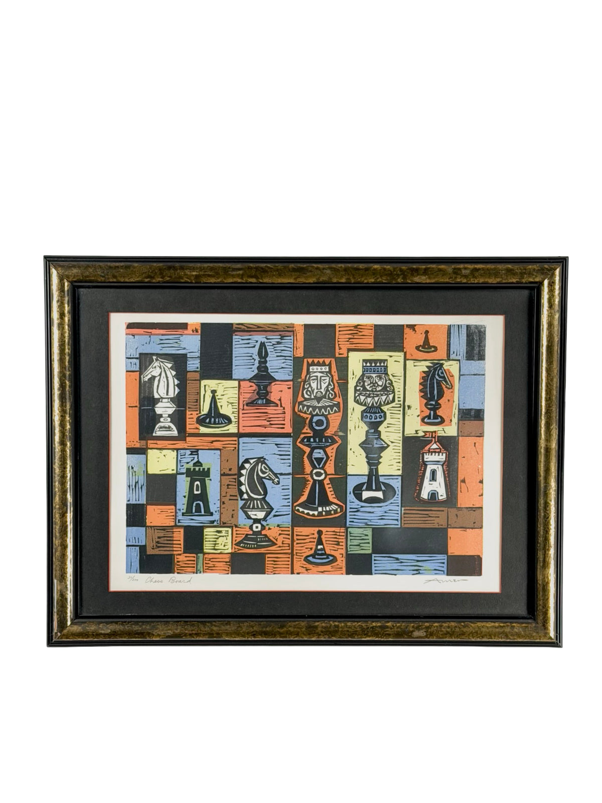 Irving Amen “Chess Board” Signed Mid-Century Modern Color Woodcut