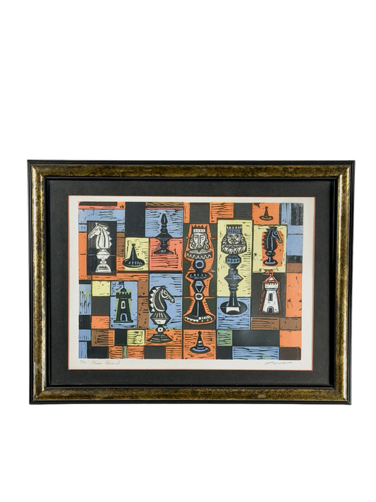 Irving Amen “Chess Board” Signed Mid-Century Modern Color Woodcut