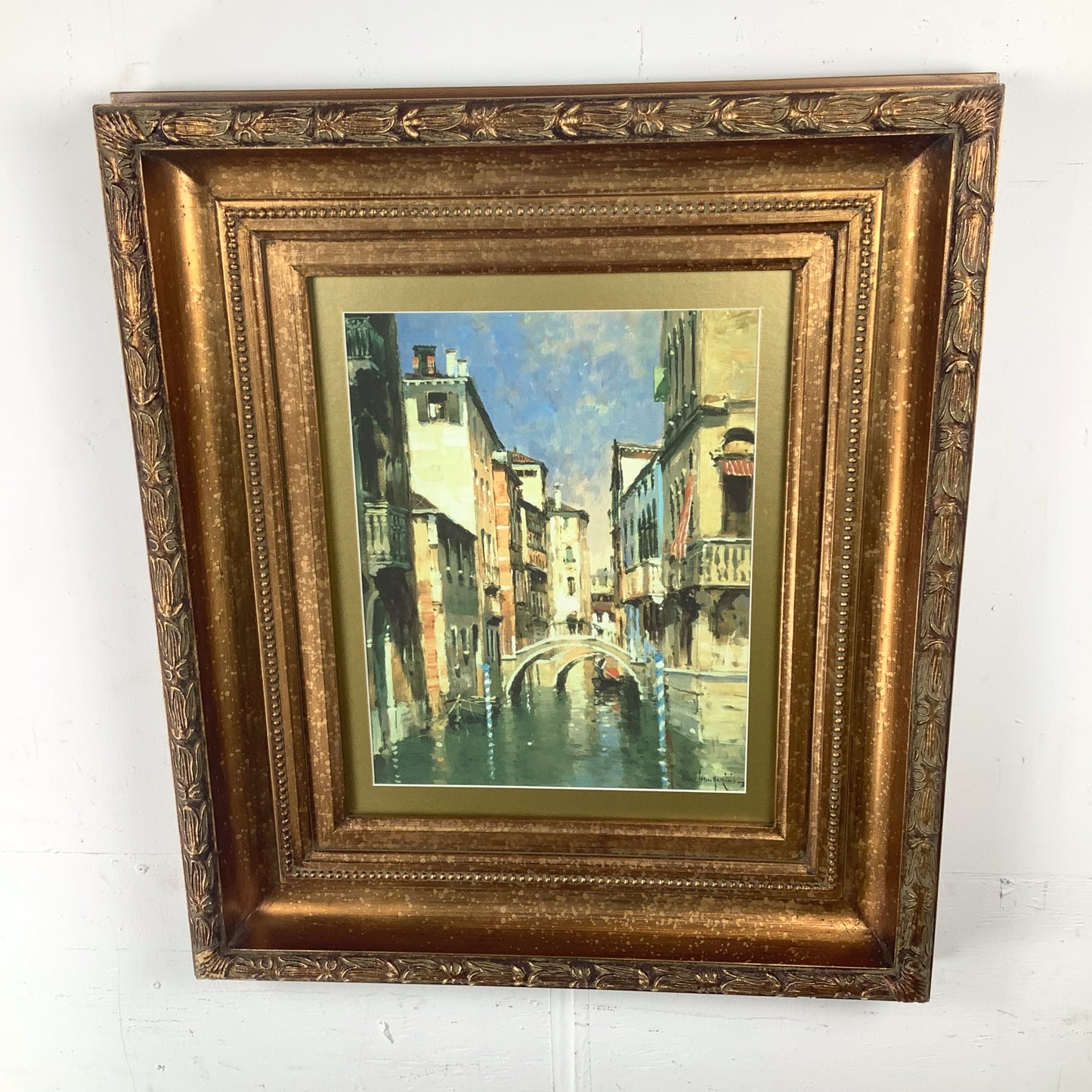 European Grand Tour Canal Scene, Decorative Print in Carved Gilt Frame