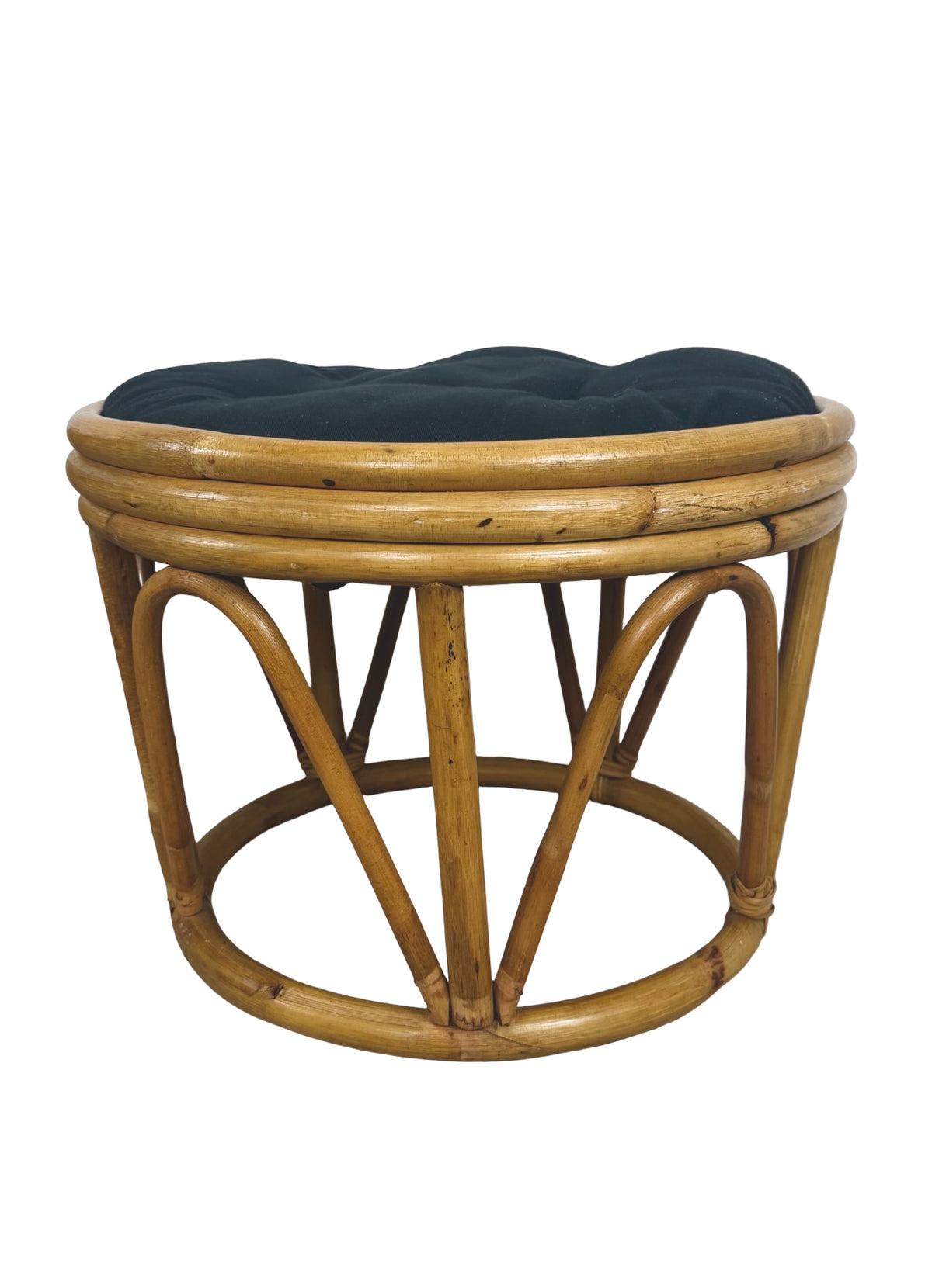 Pair of Vintage Rattan Bamboo Round Ottoman Footstools with Black Cushions, 1970s