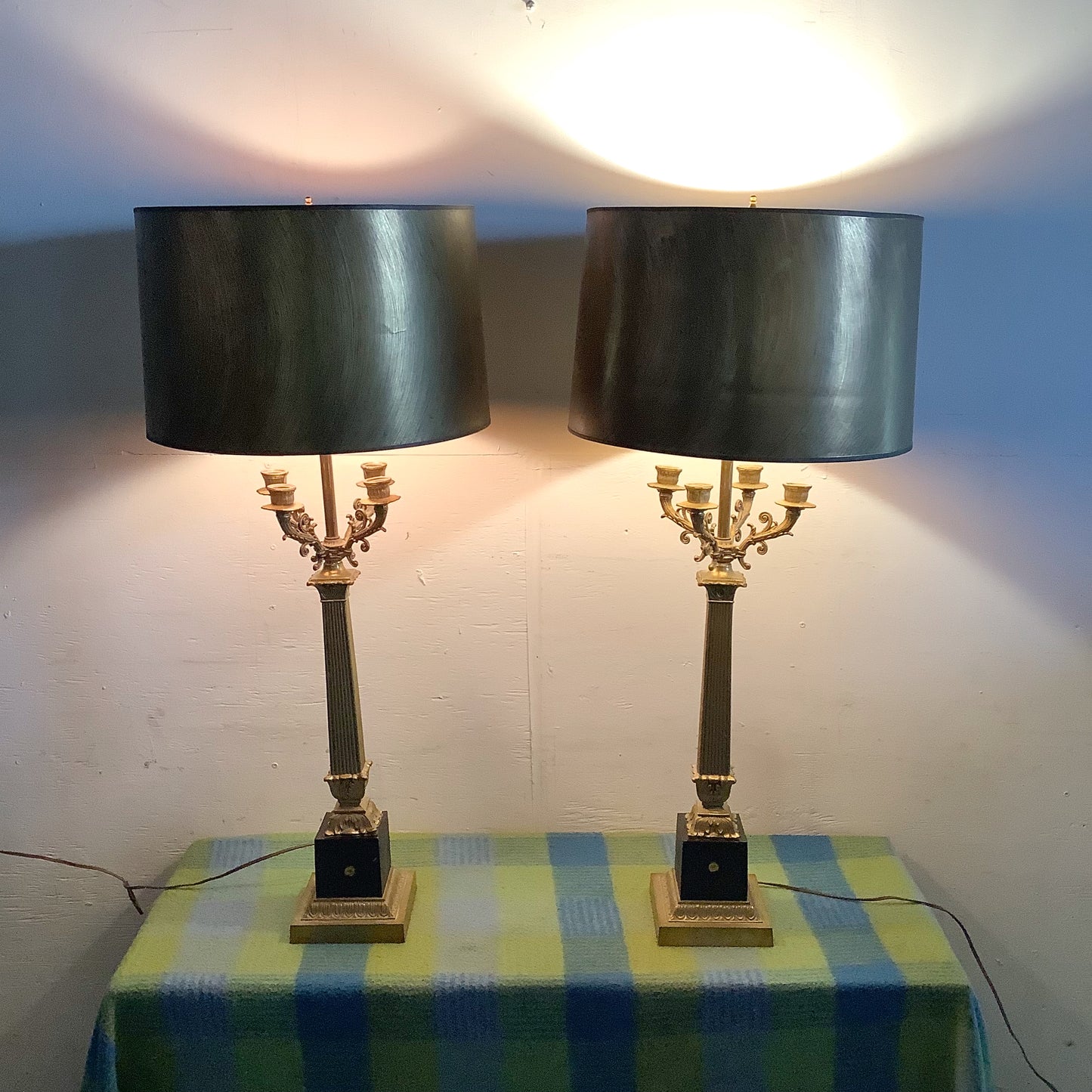 Pair of Neoclassical Brass Table Lamps with Fluted Columns and Ornate Candelabra Tops